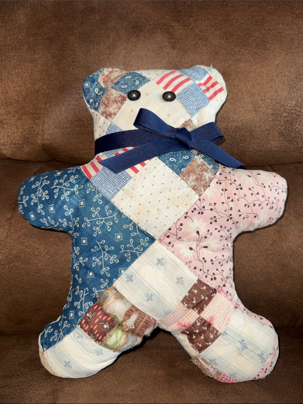 Handmade Patchwork Teddy Bear Pillow - Blue & Pink